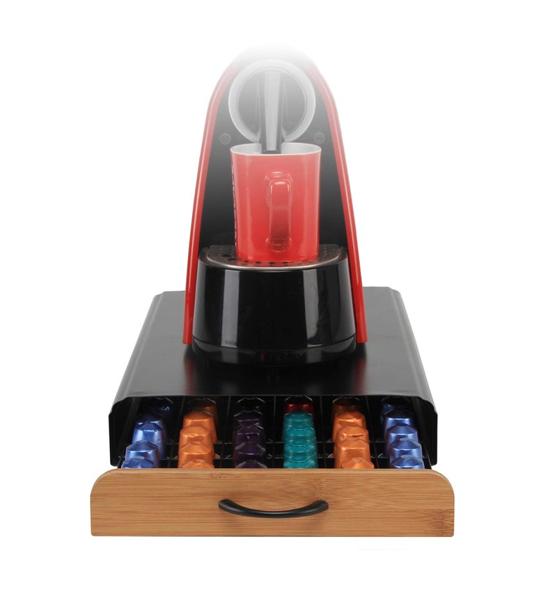 Flagship Coffee Pod Holder for Nespresso Originalline Capsule Holder Drawer Pod Storage Drawer 60 Capacity, Black Metal & Bamboo Coffee Drawer - Image 3